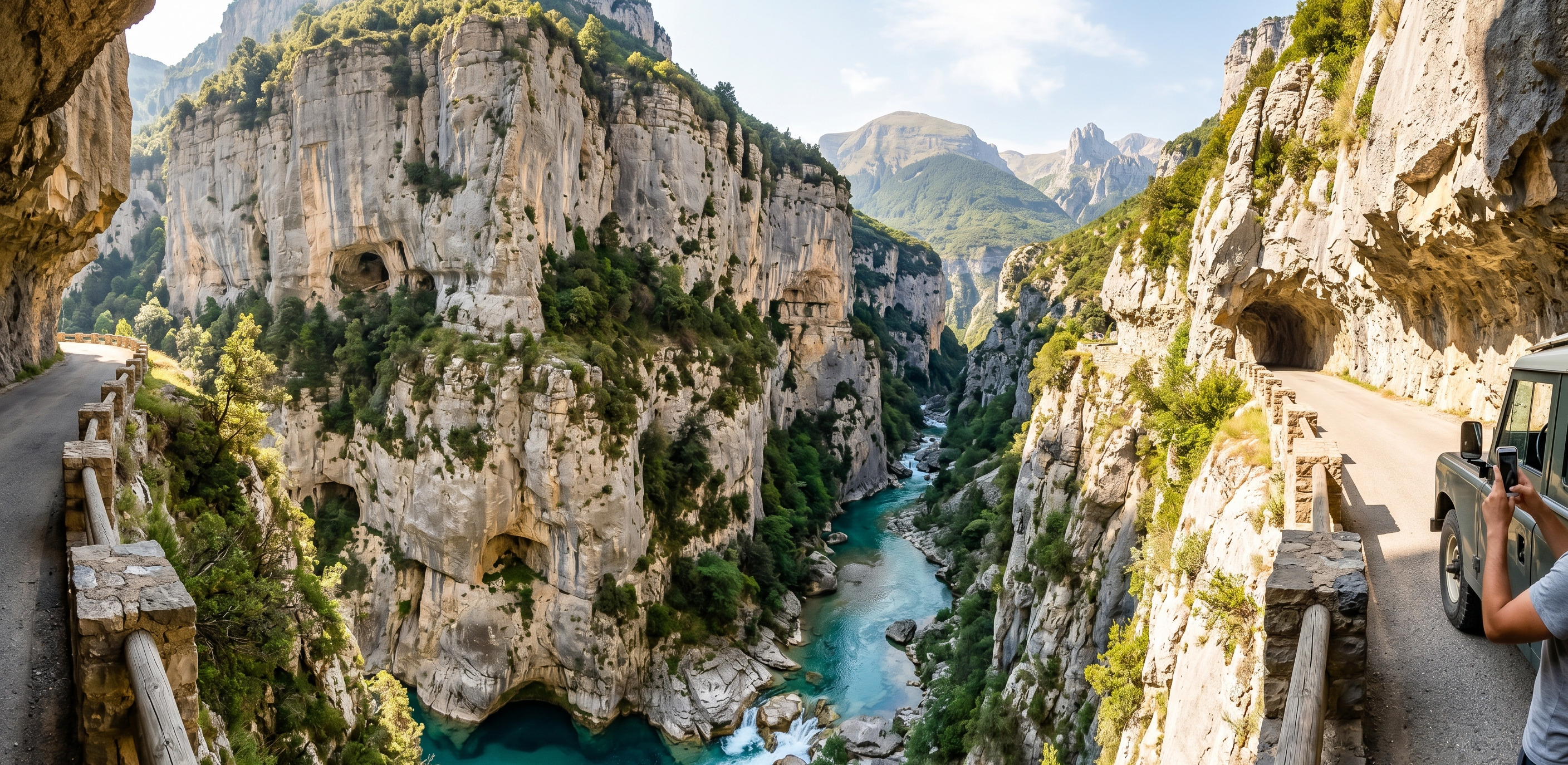 Canyon dAñisclo vu depuis la route en surplomb, rivière Bellós turquoise en contrebas, parois calcaires verticales, lumière de fin de matinée